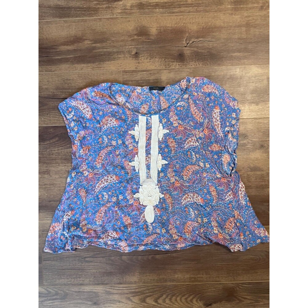 THML Women's Medium Flowy Blue Paisley Short Cap Sleeve Lace Shirt Boho Blouse